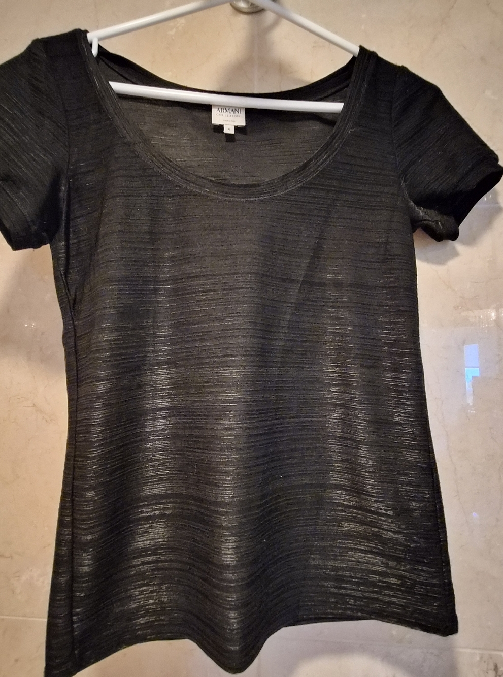 Armani Collezioni Shimmering Black Ribbed Knit Tee - Size 4